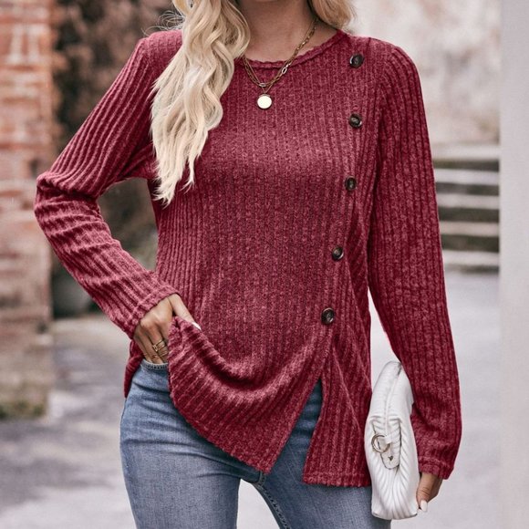 Ribbed Round Neck Buttoned Tee - Wine - Picture 1 of 3